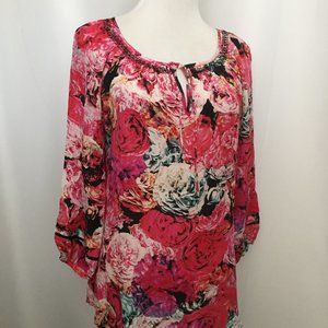 VANESSA VIRGINIA Anthropologie 100% Silk Rose Floral Print Tie Collar Shirt